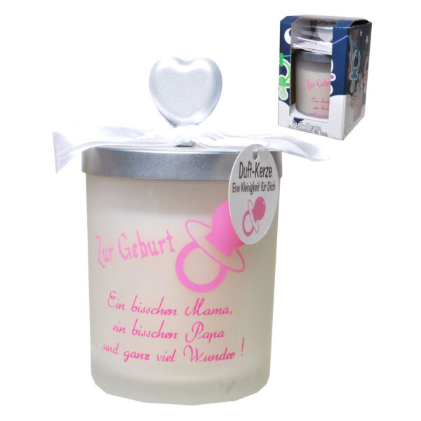Windlicht "Zur Geburt / rosa" mit Duftkerze