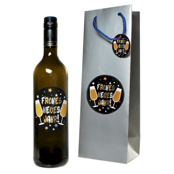 Flaschen-Tasche "Frohes neues Jahr" mit 2 Aufklebern