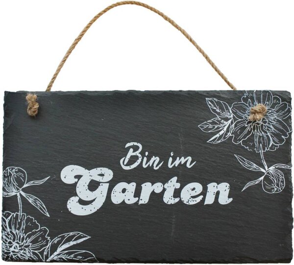 Schiefertafel Motiv "Bin im Garten"
