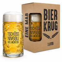 Bierkrug 1 Liter mit Spruch „Tschüss Niveau bis Montag“ – Lustiger Maßkrug Glas mit Geschenkbox – Geschenk für Männer, Vatertag, Geburtstag