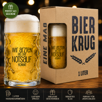 Bierkrug 1 Liter mit Spruch „Wir arzten bis der Notsauf kommt“ – Lustiger Maßkrug Glas inkl. Geschenkbox – Geschenk für Männer, Vatertag, Geburtstag