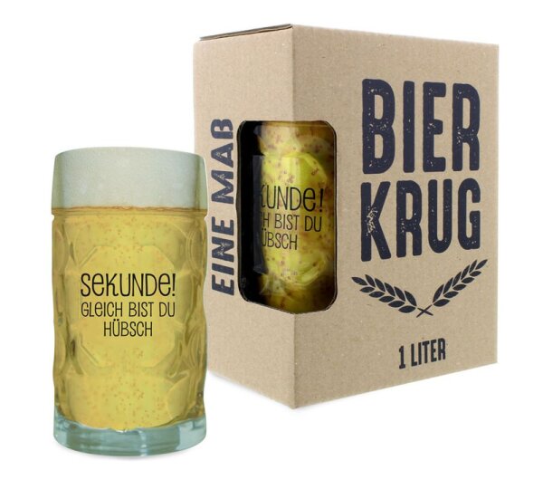 1 Liter Bierkrug mit Spruch: "Sekunde! Gleich bist du hübsch"
