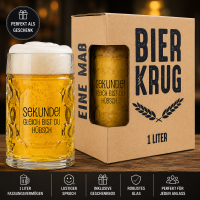 Bierkrug 1 Liter mit Spruch „Sekunde! Gleich bist...