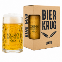 Bierkrug 1 Liter mit Spruch „Sekunde! Gleich bist du hübsch“ – Lustiger Maßkrug Glas inkl. Geschenkbox – Geschenk für Männer, Vatertag, Geburtstag