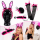 Bunny Set 4-teilig Schwarz Pink – Sexy Bunny Kostüm Accessoires mit Ohren Haarreif, Puschel & Netzhandschuhe und Strumpfband – Party Set für Karneval, JGA, Fasching & Motto Party